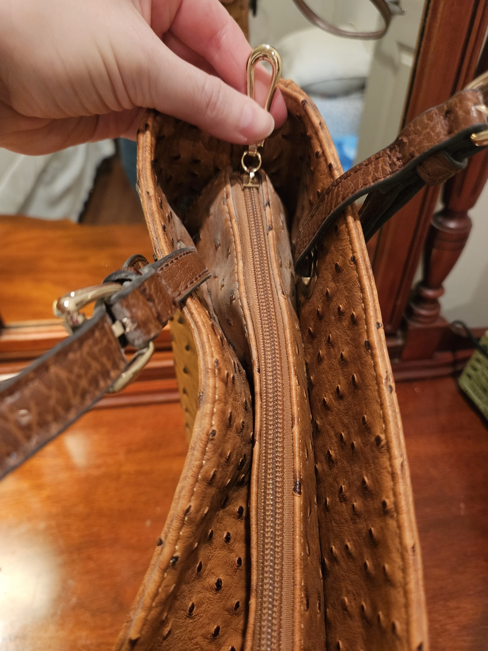 Tan Perforated Ostrich-Embossed Large Tote Bag - Picture 5 of 7
